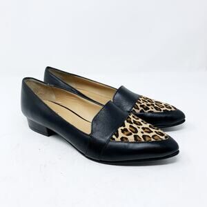 Avellini Black Leather Loafer Pointed Toe Calf Hair Animal Print 40 Made Italy